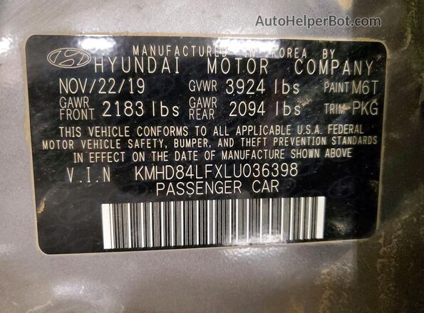 KMHD84LFXLU036398 2020 HYUNDAI ELANTRA Gray VIN sticker view
