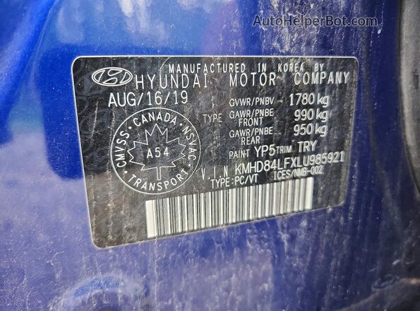 KMHD84LFXLU985921 2020 HYUNDAI ELANTRA Blue Vista del compartimento del motor