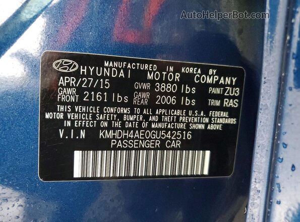 KMHDH4AE0GU542516 2016 HYUNDAI ELANTRA Синий Вид подкапотного пространства