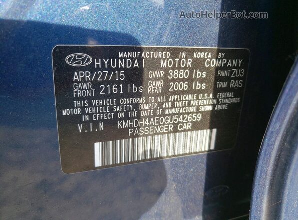KMHDH4AE0GU542659 2016 HYUNDAI ELANTRA Blue Widok komory silnika
