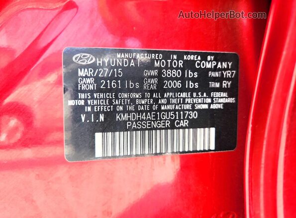 KMHDH4AE1GU511730 2016 HYUNDAI ELANTRA Red Widok komory silnika