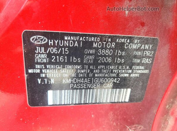 KMHDH4AE1GU600942 2016 HYUNDAI ELANTRA Red Vista del compartimento del motor