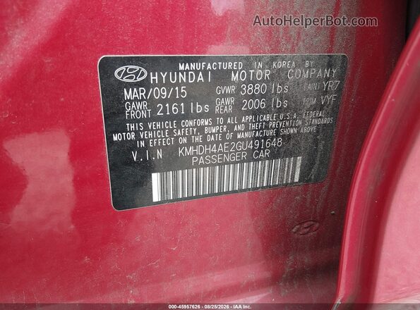 KMHDH4AE2GU491648 2016 HYUNDAI ELANTRA Red Widok komory silnika