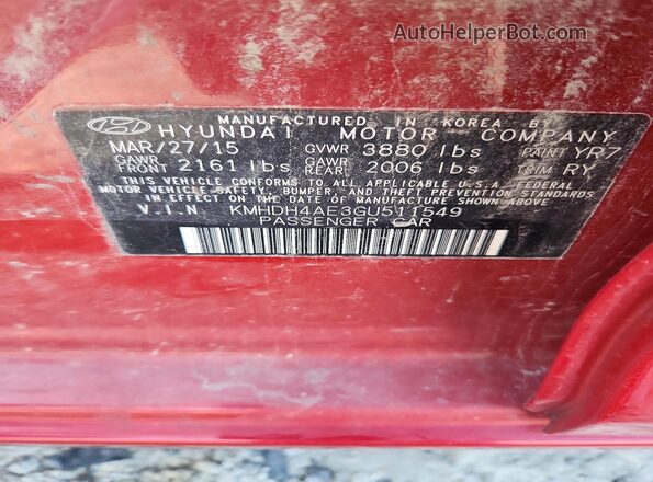 KMHDH4AE3GU511549 2016 HYUNDAI ELANTRA Красный Вид подкапотного пространства