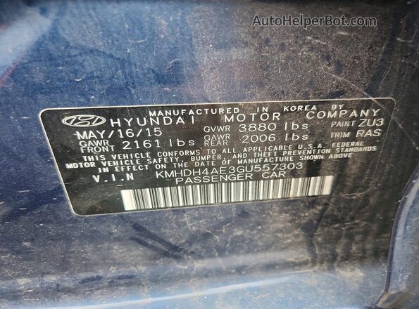 KMHDH4AE3GU557303 2016 HYUNDAI ELANTRA Blue Вид підкапотного простору