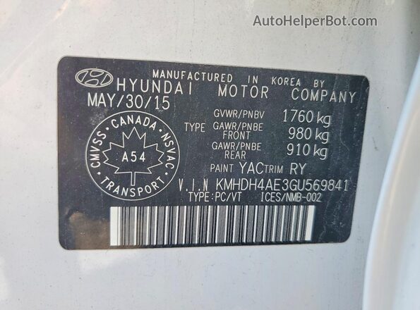 KMHDH4AE3GU569841 2016 HYUNDAI ELANTRA White ძრავის განყოფილების ხედი