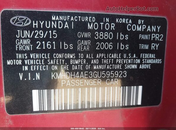 KMHDH4AE3GU595923 2016 HYUNDAI ELANTRA Maroon Engine compartment view
