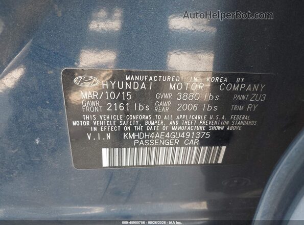 KMHDH4AE4GU491375 2016 HYUNDAI ELANTRA Синий Вид подкапотного пространства