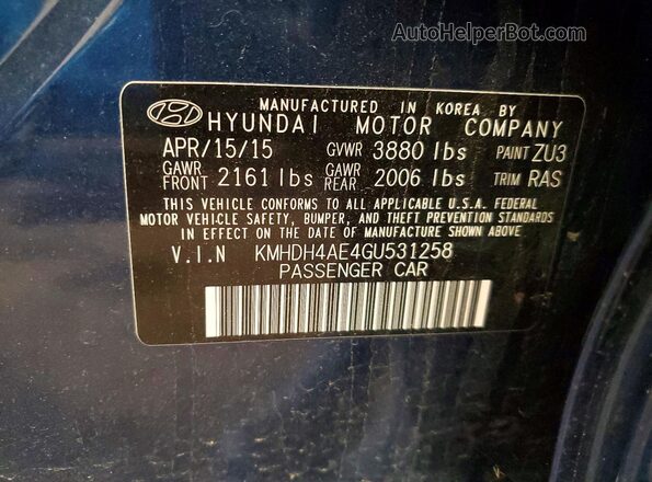 KMHDH4AE4GU531258 2016 HYUNDAI ELANTRA Blue Engine compartment view