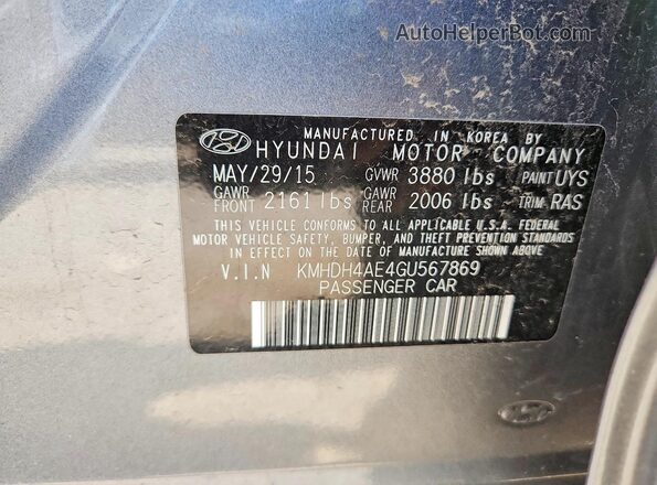 KMHDH4AE4GU567869 2016 HYUNDAI ELANTRA Silver Вид наклейки з VIN-кодом