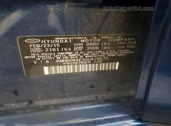 KMHDH4AE5GU478070 2016 HYUNDAI ELANTRA Blue ძრავის განყოფილების ხედი