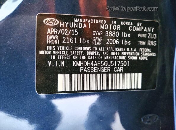 KMHDH4AE5GU517501 2016 HYUNDAI ELANTRA Blue Вид підкапотного простору