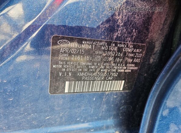 KMHDH4AE5GU517952 2016 HYUNDAI ELANTRA Blue Vista del compartimento del motor