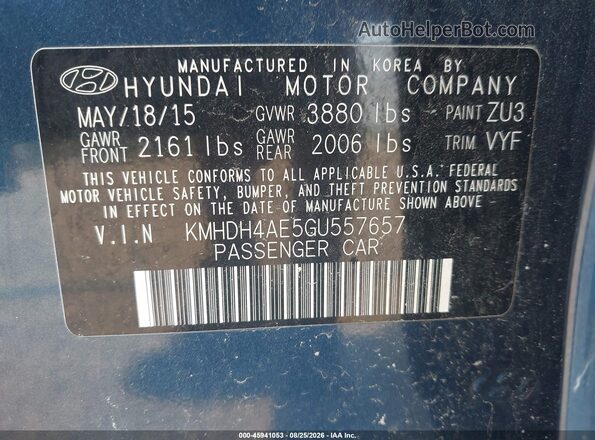 KMHDH4AE5GU557657 2016 HYUNDAI ELANTRA Blue Vista del compartimento del motor