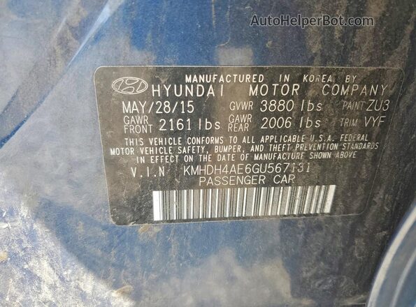 KMHDH4AE6GU567131 2016 HYUNDAI ELANTRA Blue 