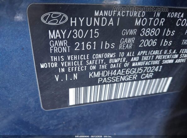 KMHDH4AE6GU570241 2016 HYUNDAI ELANTRA Blue Engine compartment view