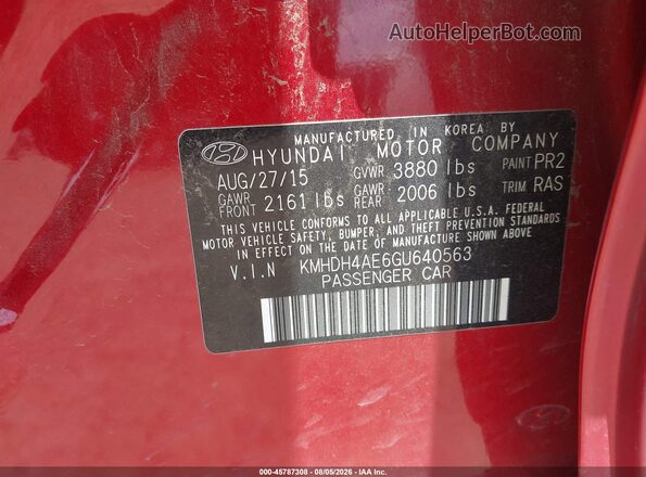 KMHDH4AE6GU640563 2016 HYUNDAI ELANTRA Red Vista del compartimento del motor