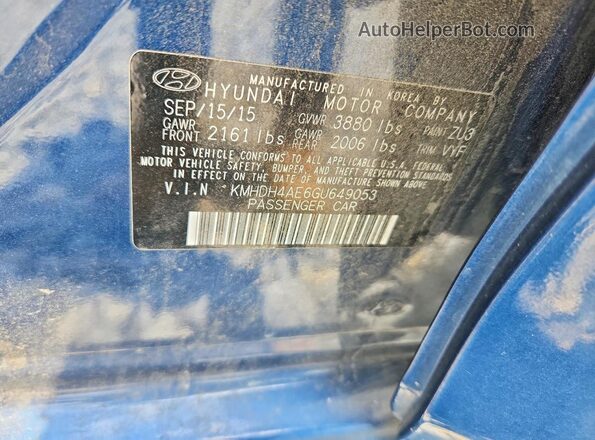 KMHDH4AE6GU649053 2016 HYUNDAI ELANTRA Blue Widok komory silnika