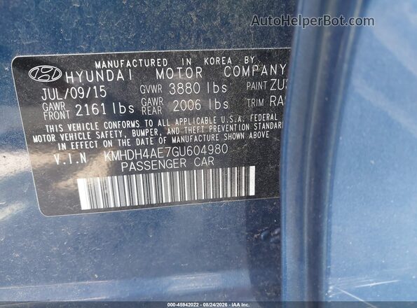 KMHDH4AE7GU604980 2016 HYUNDAI ELANTRA Blue Engine compartment view