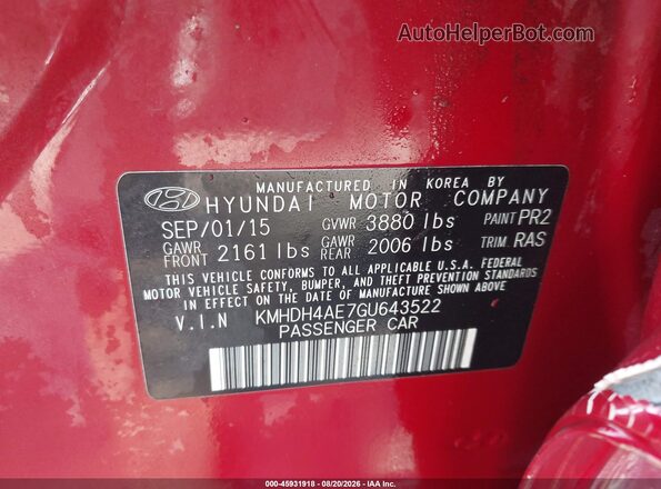 KMHDH4AE7GU643522 2016 HYUNDAI ELANTRA Red Շարժիչի բաժամունքի տեսք