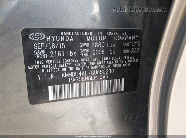 KMHDH4AE7GU650230 2016 HYUNDAI ELANTRA Gray Շարժիչի բաժամունքի տեսք