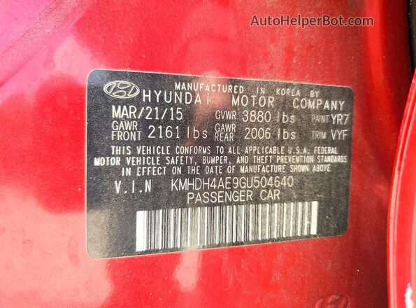 KMHDH4AE9GU504640 2016 HYUNDAI ELANTRA Red ძრავის განყოფილების ხედი