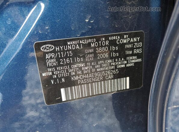 KMHDH4AE9GU526265 2016 HYUNDAI ELANTRA Blue Շարժիչի բաժամունքի տեսք