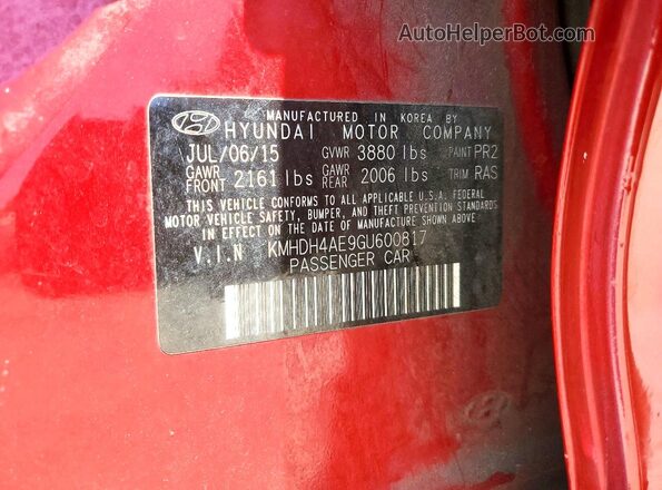KMHDH4AE9GU600817 2016 HYUNDAI ELANTRA Red VIN sticker view