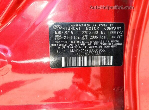 KMHDH4AEXGU501956 2016 HYUNDAI ELANTRA Red VIN կոդի պիտակի տեսք