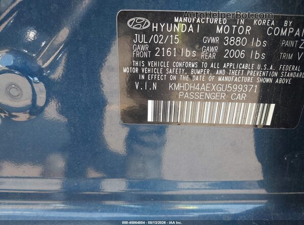 KMHDH4AEXGU599371 2016 HYUNDAI ELANTRA Blue Շարժիչի բաժամունքի տեսք