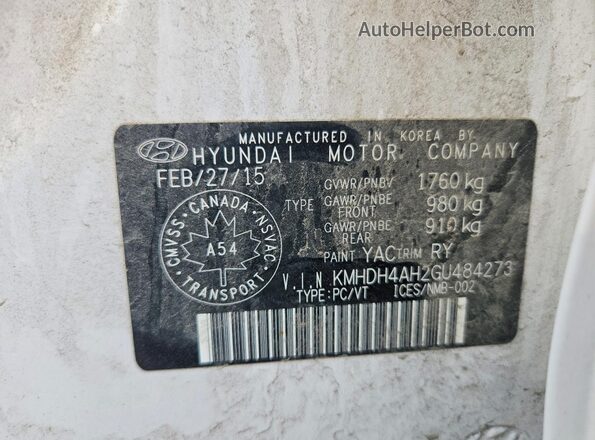 KMHDH4AH2GU484273 2016 HYUNDAI ELANTRA White Widok komory silnika