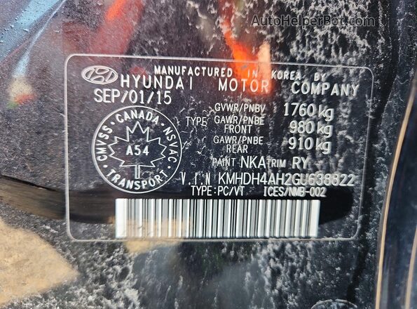 KMHDH4AH2GU638822 2016 HYUNDAI ELANTRA Black Вид підкапотного простору