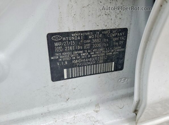 KMHDH4AH4GU511652 2016 HYUNDAI ELANTRA White ძრავის განყოფილების ხედი