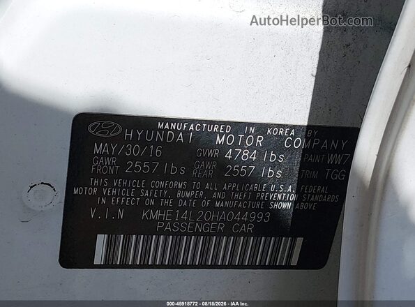 KMHE14L20HA044993 2017 HYUNDAI SONATA PLUG-IN HYBRID White ძრავის განყოფილების ხედი
