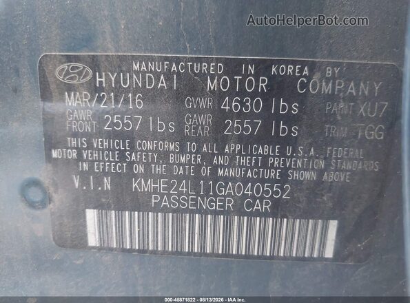 KMHE24L11GA040552 2016 HYUNDAI SONATA HYBRID Синий Вид подкапотного пространства