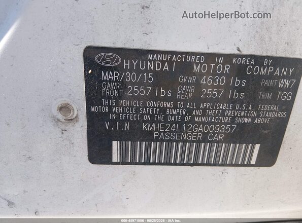 KMHE24L12GA009357 2016 HYUNDAI SONATA HYBRID White Widok komory silnika