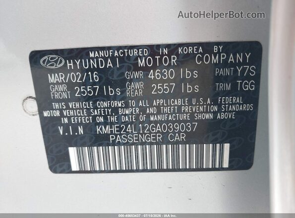 KMHE24L12GA039037 2016 HYUNDAI SONATA HYBRID Silver Widok komory silnika