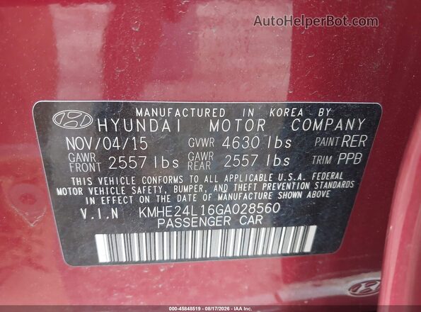 KMHE24L16GA028560 2016 HYUNDAI SONATA HYBRID Red Vista del compartimento del motor