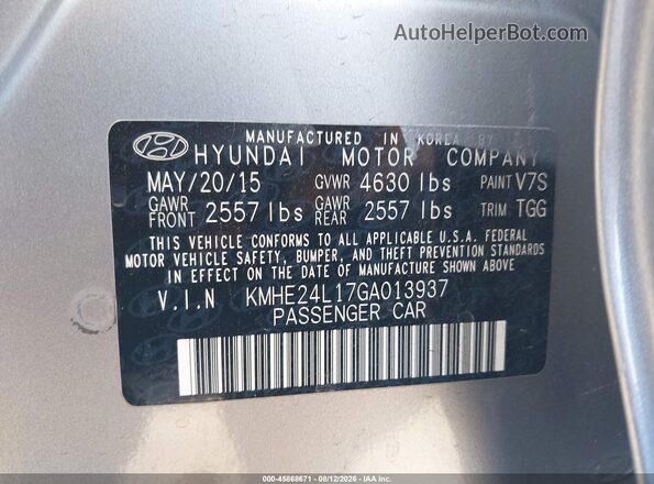 KMHE24L17GA013937 2016 HYUNDAI SONATA HYBRID Silver ძრავის განყოფილების ხედი