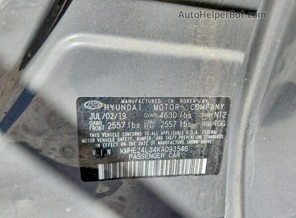 KMHE24L34KA093546 2019 HYUNDAI SONATA Gray VIN კოდის სტიკერის ხედი