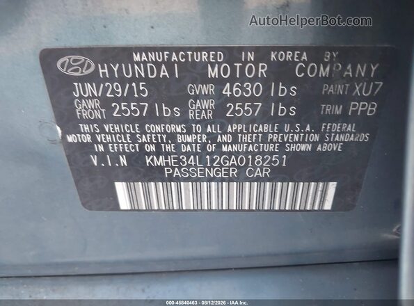 KMHE34L12GA018251 2016 HYUNDAI SONATA HYBRID Blue Vista del compartimento del motor