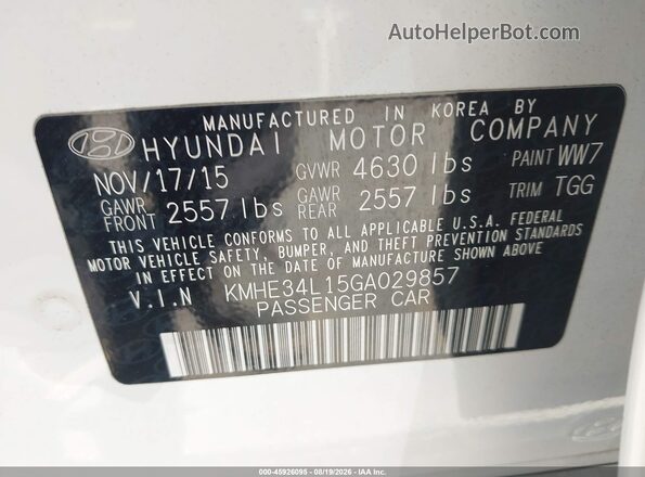 KMHE34L15GA029857 2016 HYUNDAI SONATA HYBRID White Вид підкапотного простору