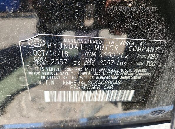 KMHE34L30KA088048 2019 HYUNDAI SONATA Black VIN კოდის სტიკერის ხედი