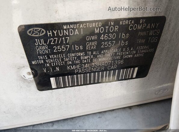 KMHE34L33HA071396 2017 HYUNDAI SONATA HYBRID White Engine compartment view
