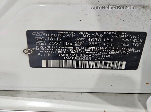 KMHE34L35HA077104 2017 HYUNDAI SONATA White Вид наклейки з VIN-кодом