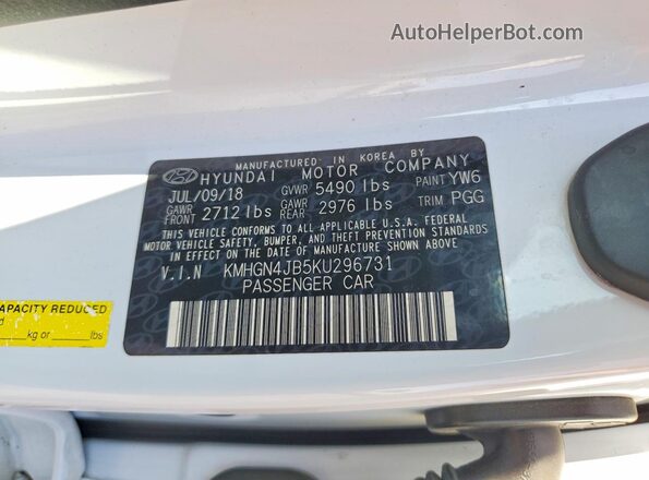 KMHGN4JB5KU296731 2019 GENESIS G80 White ძრავის განყოფილების ხედი