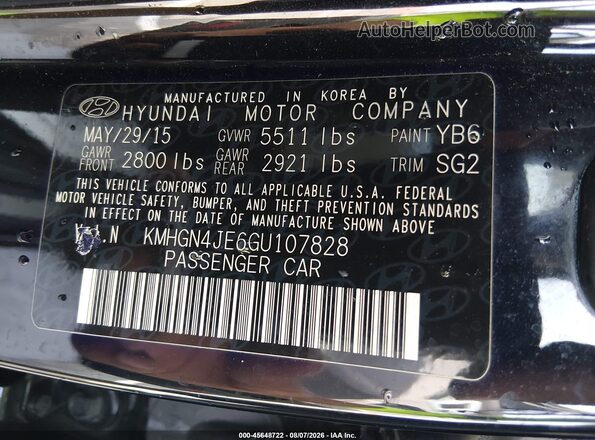 KMHGN4JE6GU107828 2016 HYUNDAI GENESIS Black Widok komory silnika