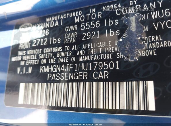 KMHGN4JF1HU179501 2017 GENESIS G80 Blue Vista del compartimento del motor