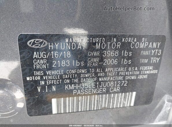 KMHH35LE1JU081272 2018 HYUNDAI ELANTRA GT Gray Vista del compartimento del motor