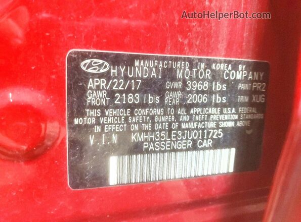 KMHH35LE3JU011725 2018 HYUNDAI ELANTRA Красный Панорамный вид салона 360°